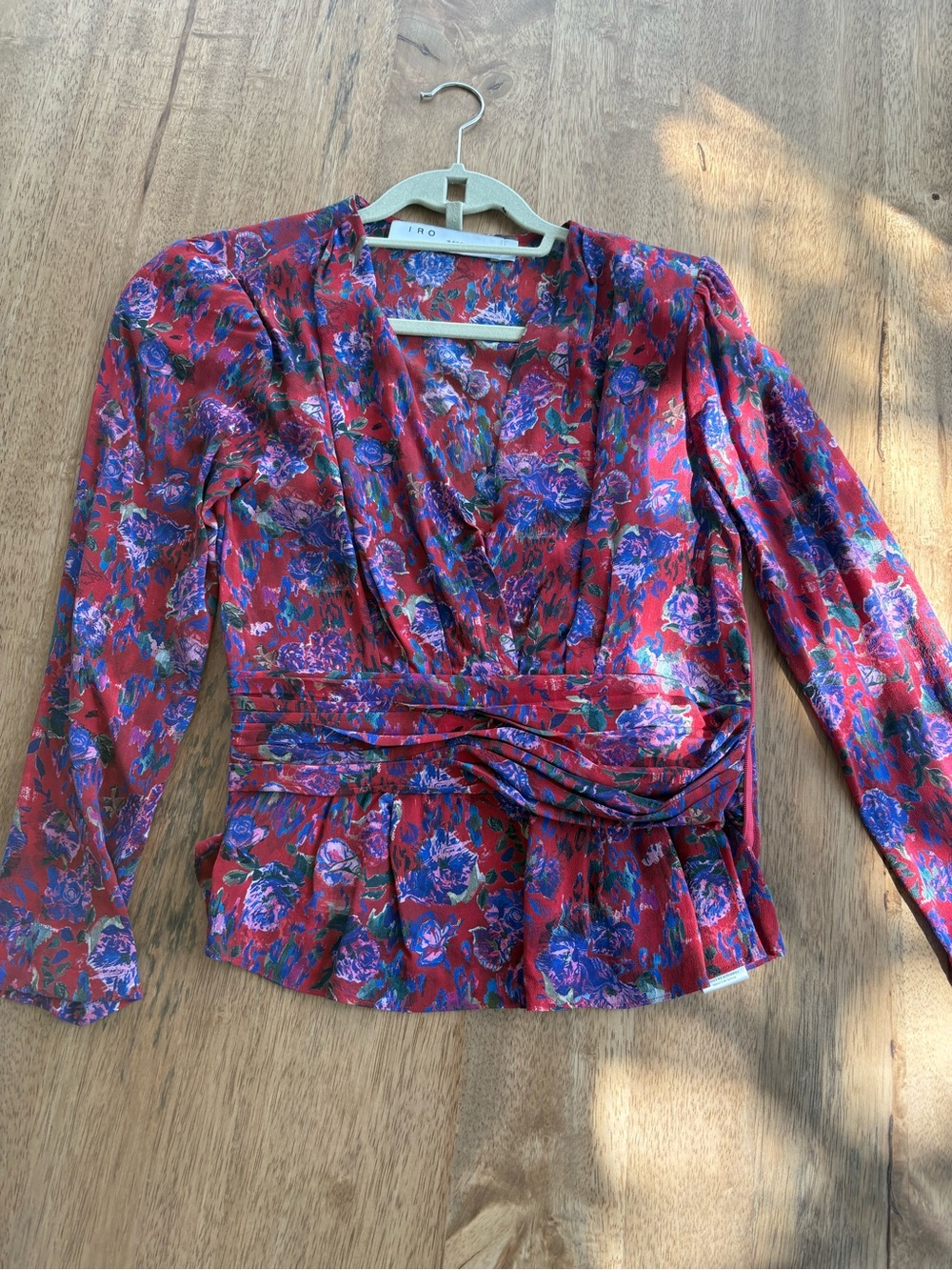 IRO Red and Purple Floral Wrap-Style Blouse